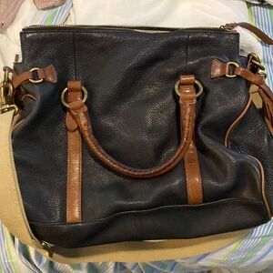 Margot leather navy and brown satchel w/ hand straps and cross body canvas strap